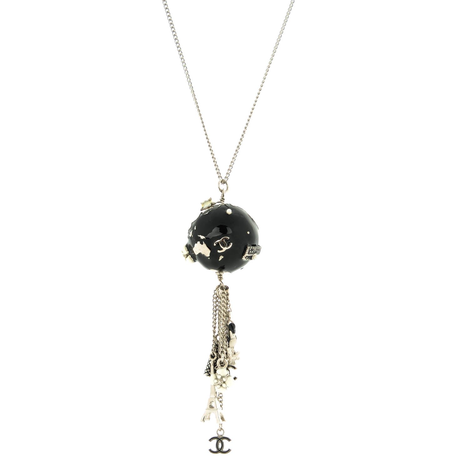Chanel Camellia CC Globe Drop Pendant Necklace Black Silver 1 of 6