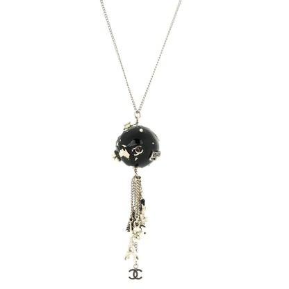 Chanel Camellia CC Globe Drop Pendant Necklace Black Silver 1 of 6