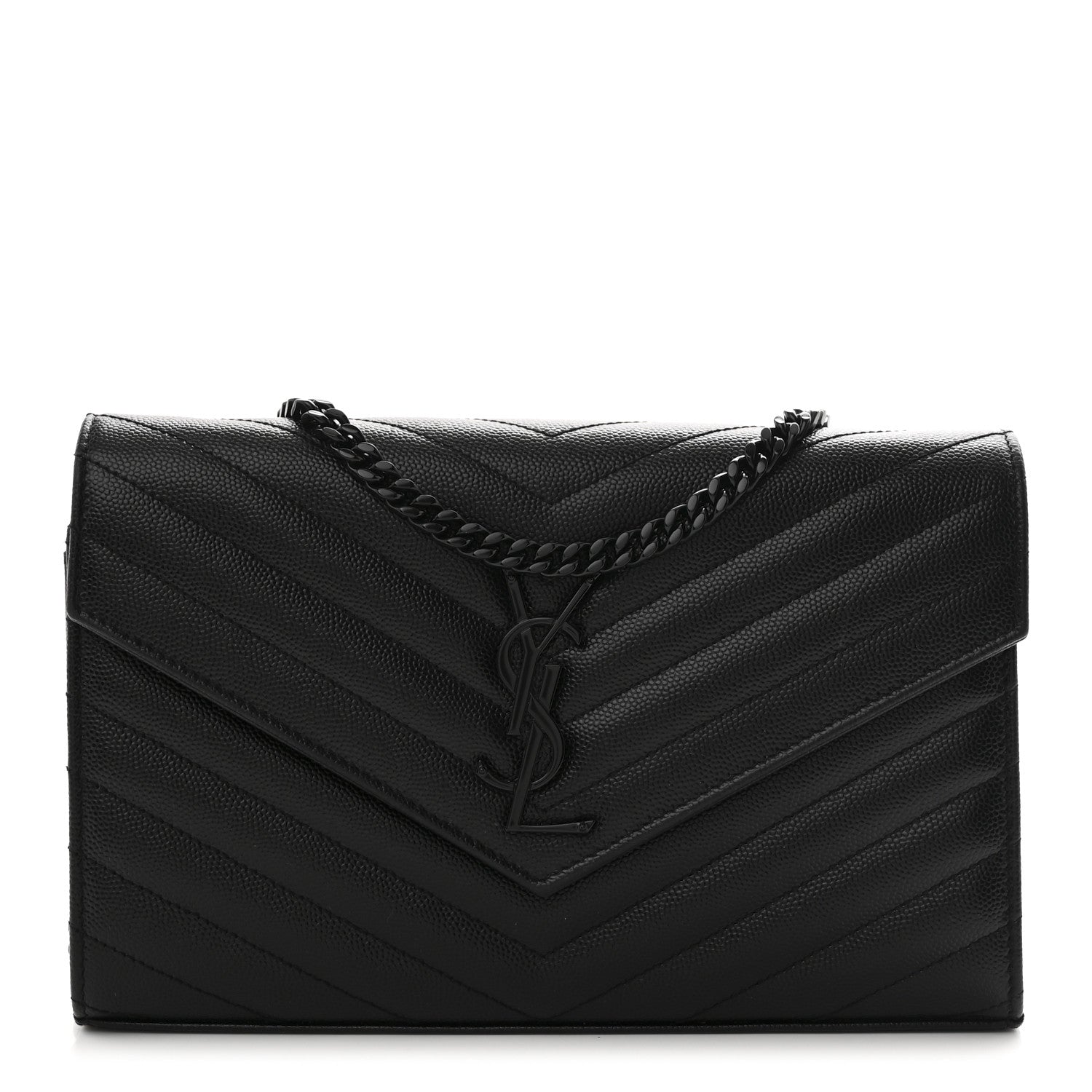 Saint Laurent Grain De Poudre Matelasse Chevron Monogram Monochrome Chain Wallet Black 1 of 12