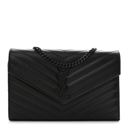 Saint Laurent Grain De Poudre Matelasse Chevron Monogram Monochrome Chain Wallet Black 1 of 12