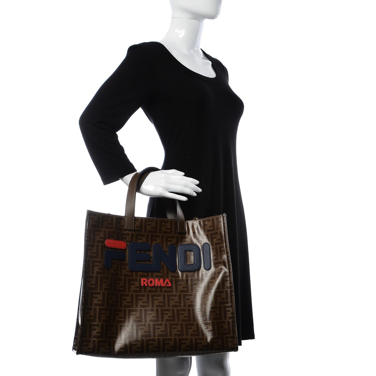 X FILA Glazed Fabric FF 1974 Mania Shopping Tote Bag Mogano Panna Blueberry