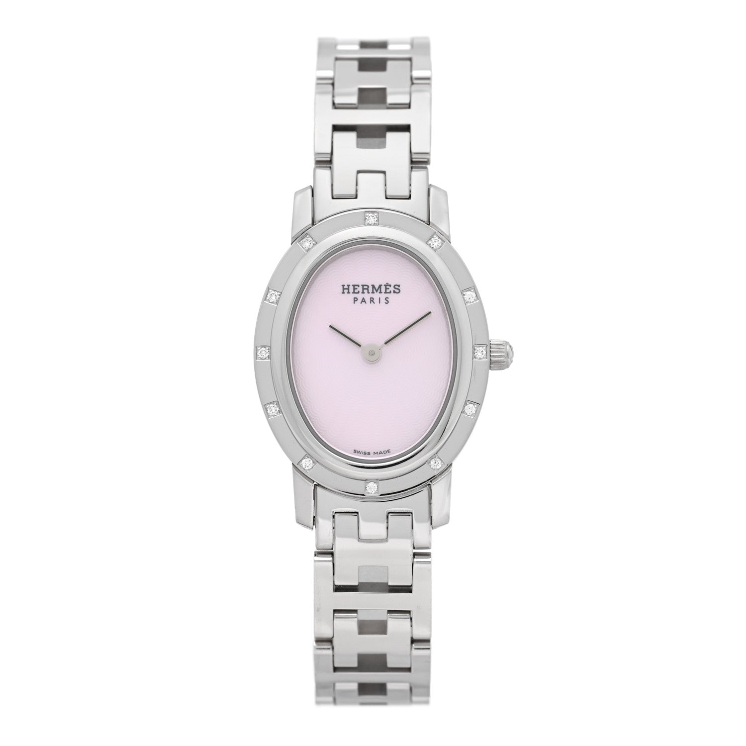 Hermes Stainless Steel Diamond Pink Mother of Pearl 22mm Clipper Oval Quartz Watch 1 of 4