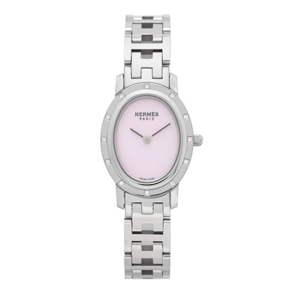 Hermes Stainless Steel Diamond Pink Mother of Pearl 22mm Clipper Oval Quartz Watch 1 of 4