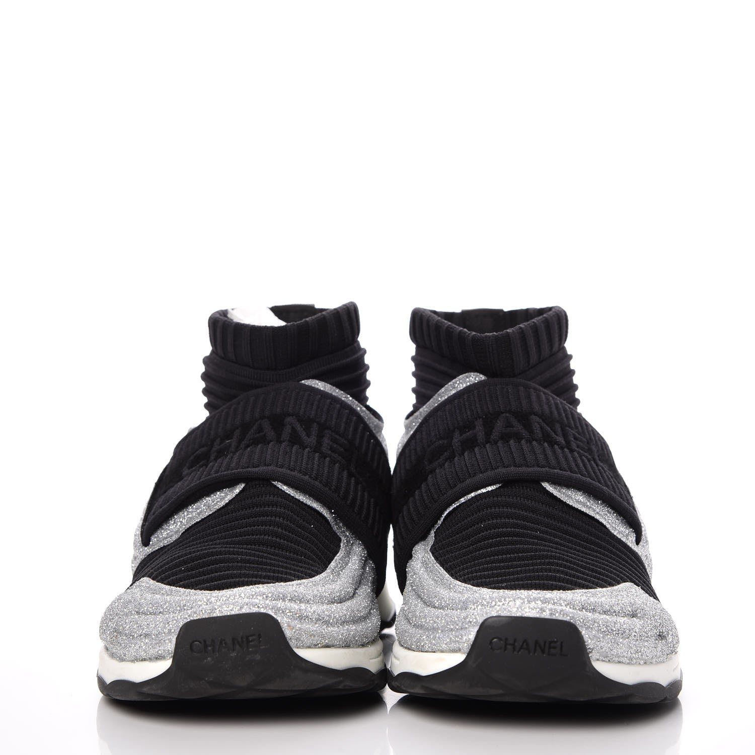 Chanel Glitter Stretch Fabric CC Sneakers 36 Black Silver 2 of 11