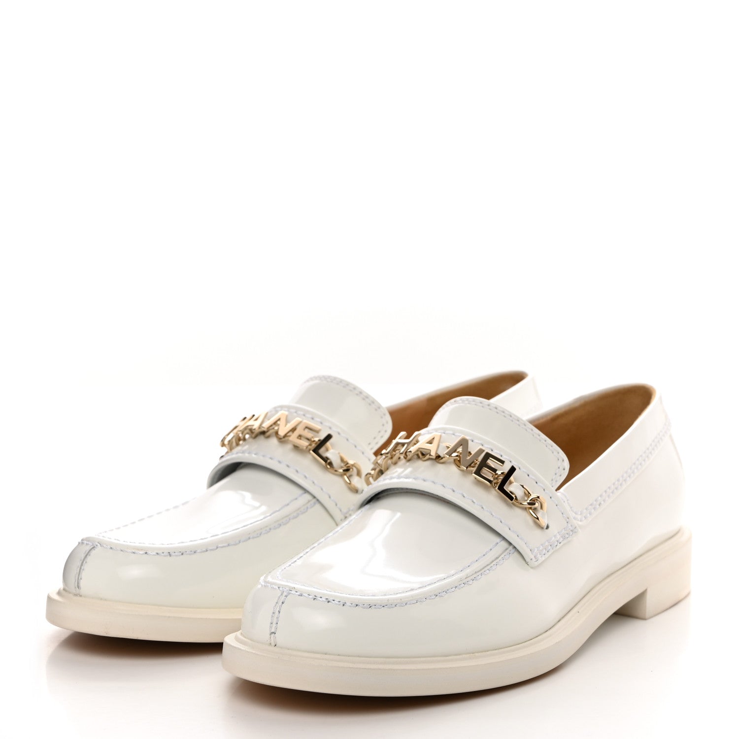 Chanel Shiny Calfskin Logo Loafers 37.5 White 3 of 9