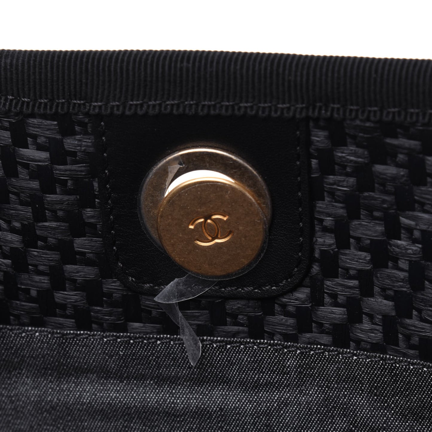 Straw Raffia Calfskin Chain Small Deauville Tote Black