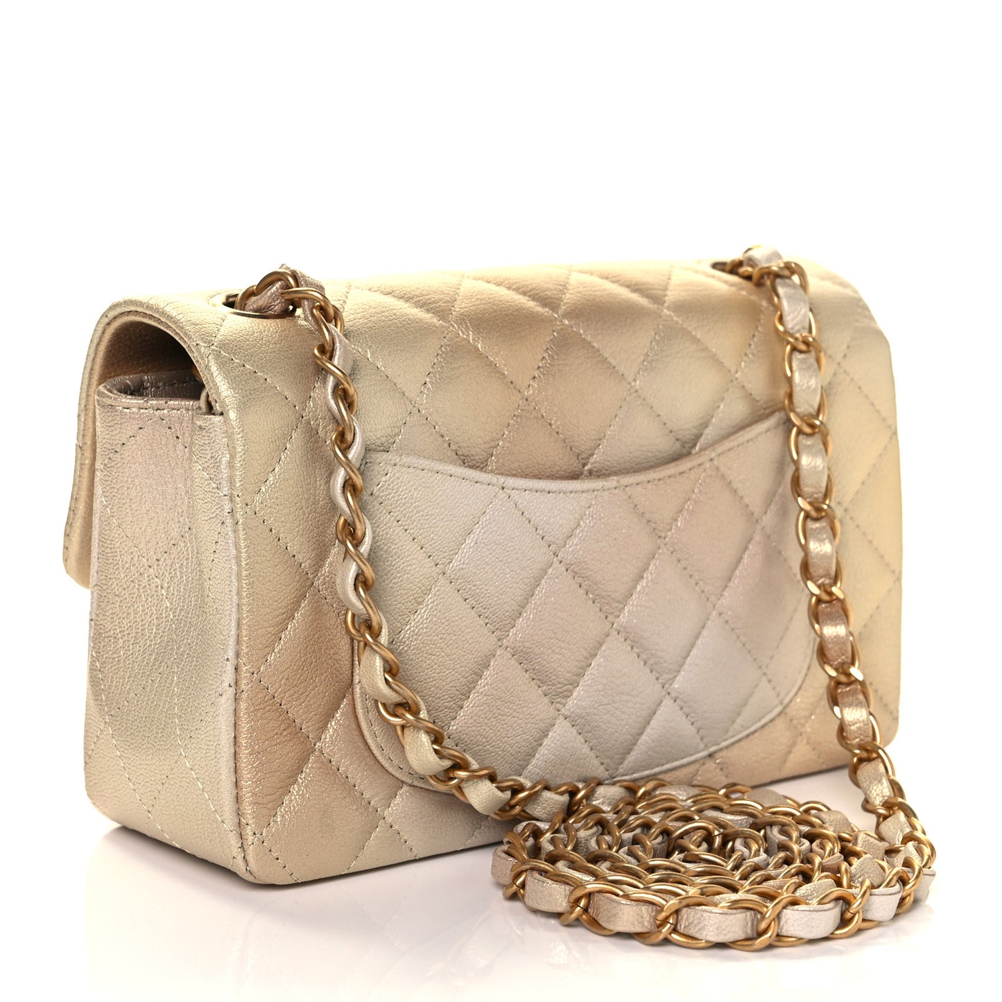 Metallic Goatskin Quilted Mini Rectangular Flap Gold