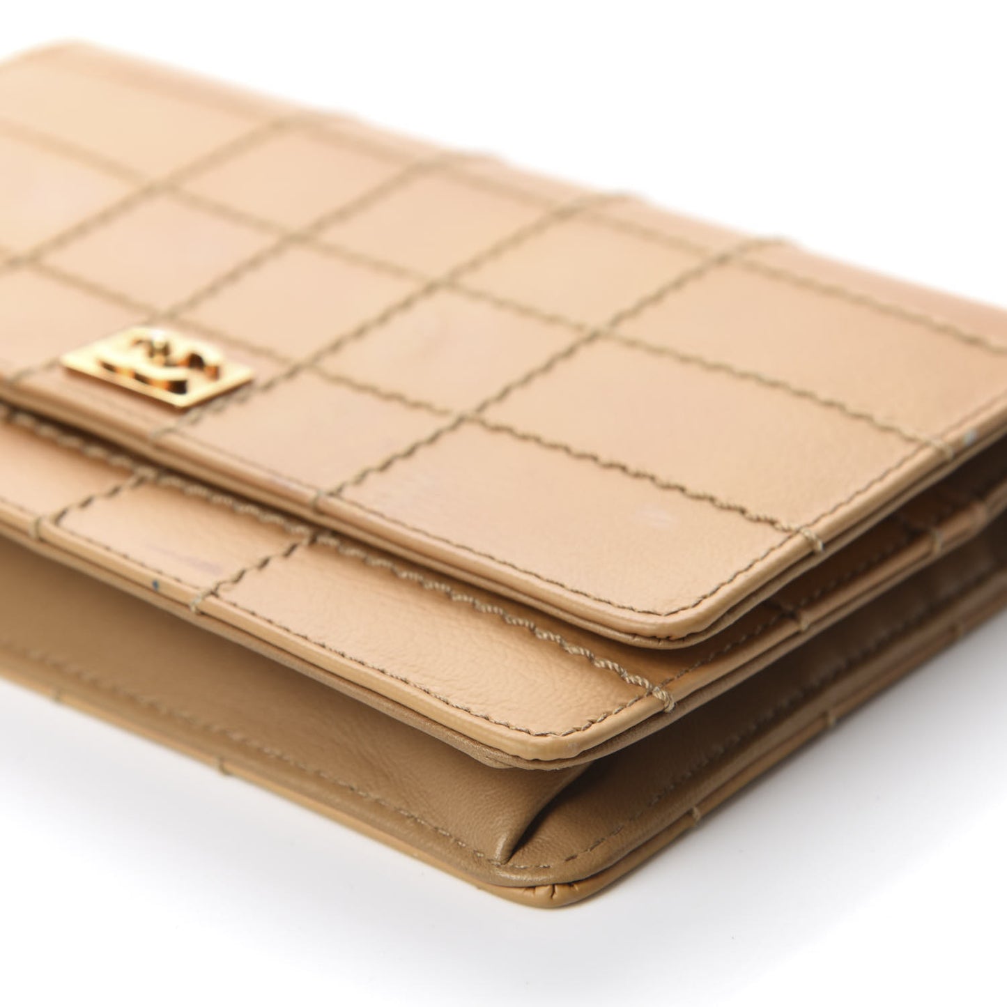 Calfskin Stitched Square Quilted Wallet On Chain WOC Beige