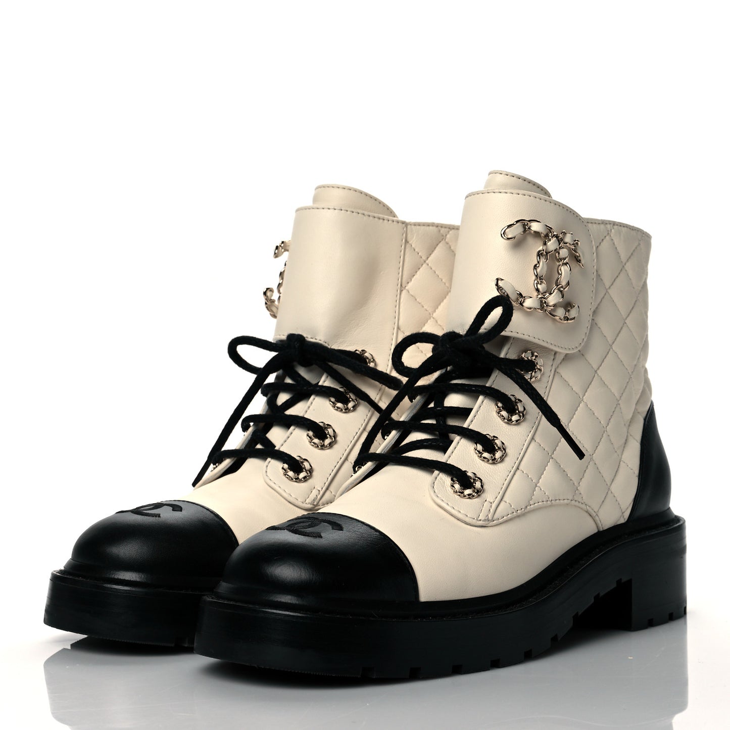 Shiny Goatskin Calfskin Quilted Lace Up Combat Boots 37 Ivory Black