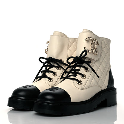 Chanel Shiny Goatskin Calfskin Quilted Lace Up Combat Boots 37 Ivory Black 2 of 9
