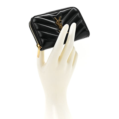 Saint Laurent Lambskin Matelasse Chevron Monogram Cassandre Compact Zip Around Card Wallet Black 2 of 7