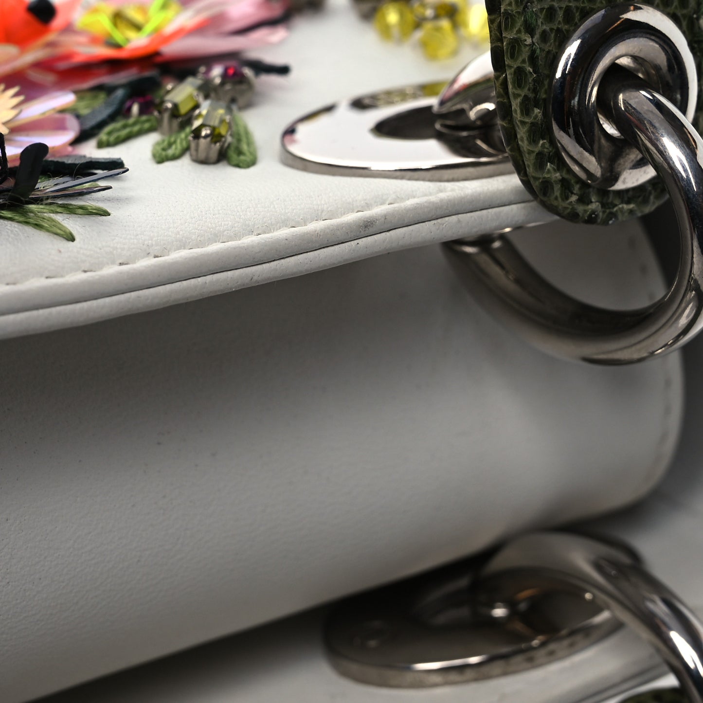 Lizard Satin Beaded Floral Embroidered Mini Lady Dior White Green Multicolor