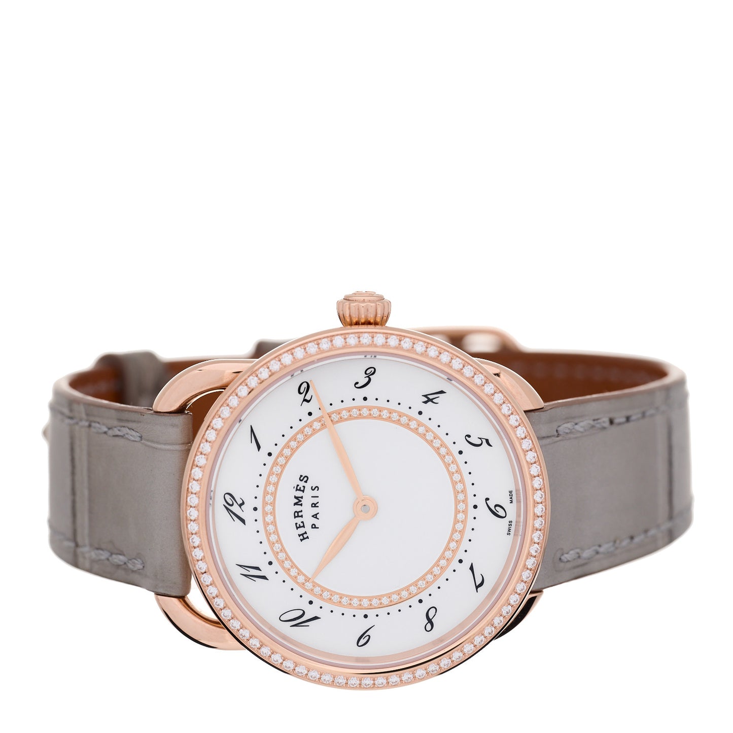 18K Rose Gold Alligator Diamond Bezel 30mm Arceau Quartz Watch Gris Perle