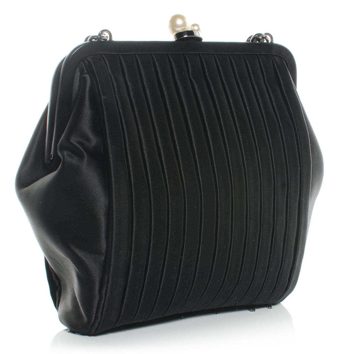Satin Vertical Pleats Chain Fringe Evening Bag Black