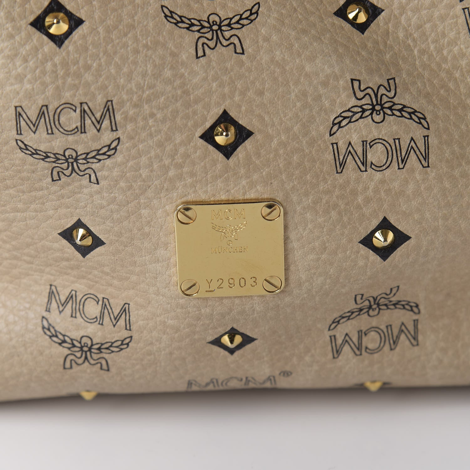 MCM Visetos Studded Drawstring Bucket Bag Beige 14 of 14