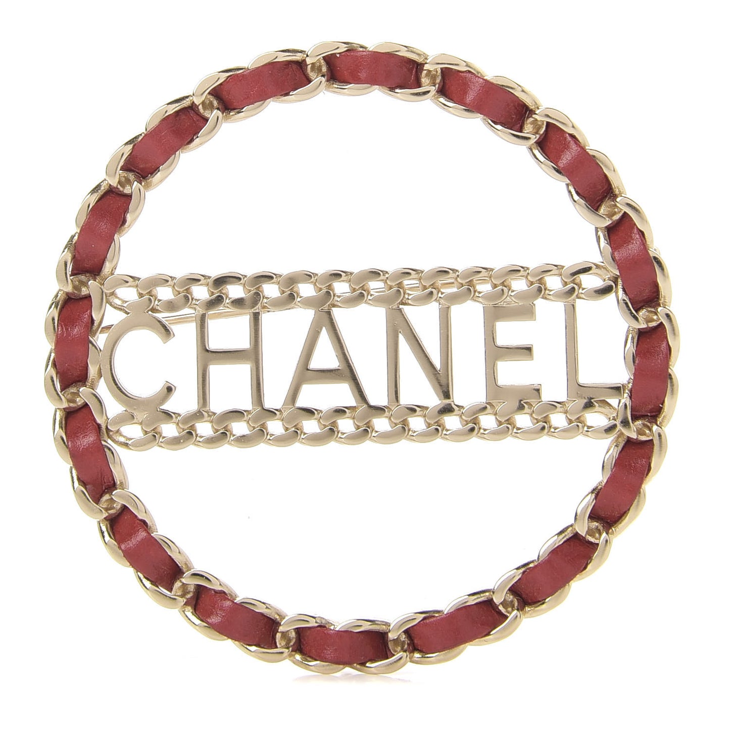 Lambskin Chain Logo Brooch Red Gold