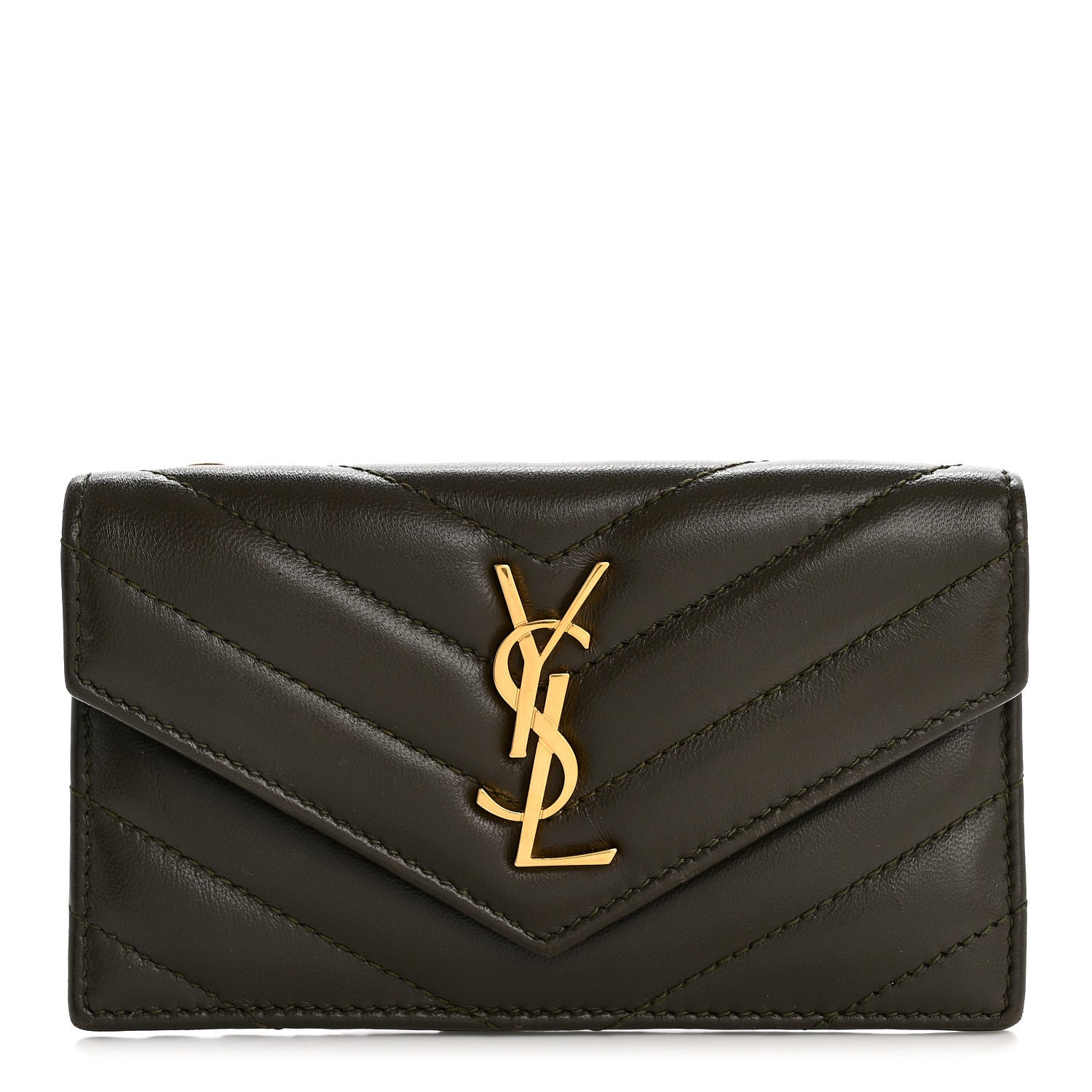 Saint Laurent Calfskin Matelasse Chevron Monogram Fragments Zippered Card Case Light Musk 1 of 8