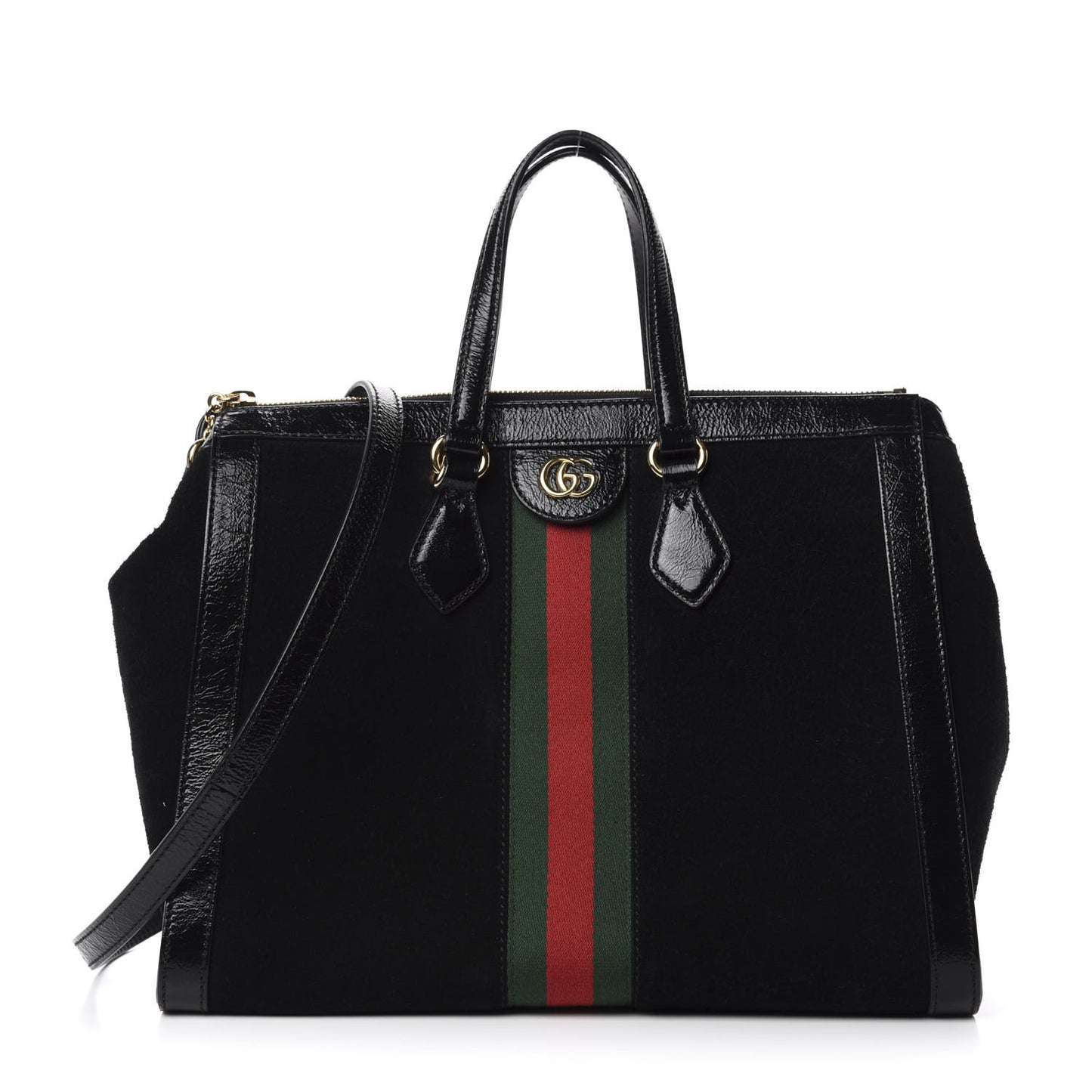 Suede Patent GG Web Medium Ophidia Tote Bag Black