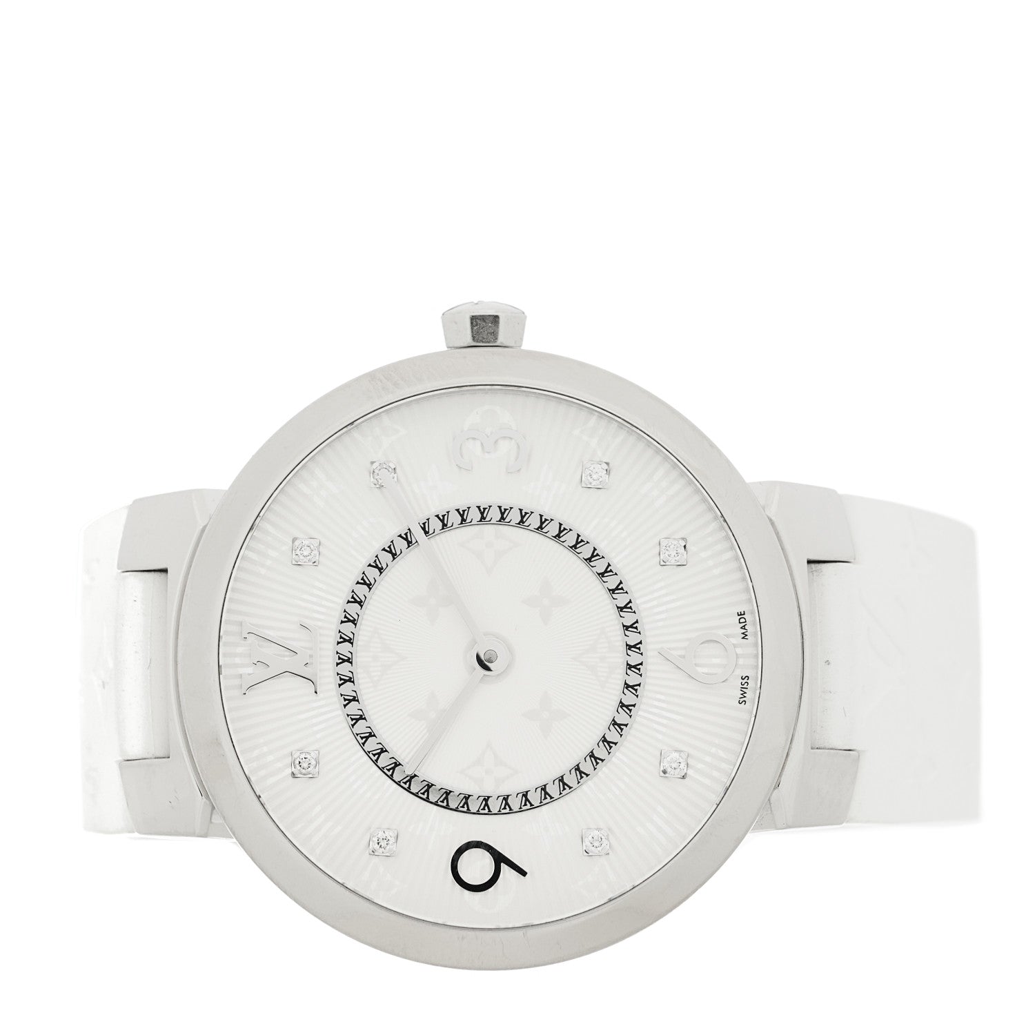 Louis Vuitton Stainless Steel Rubber Diamond 33mm Tambour Slim Quartz Watch White 2 of 5
