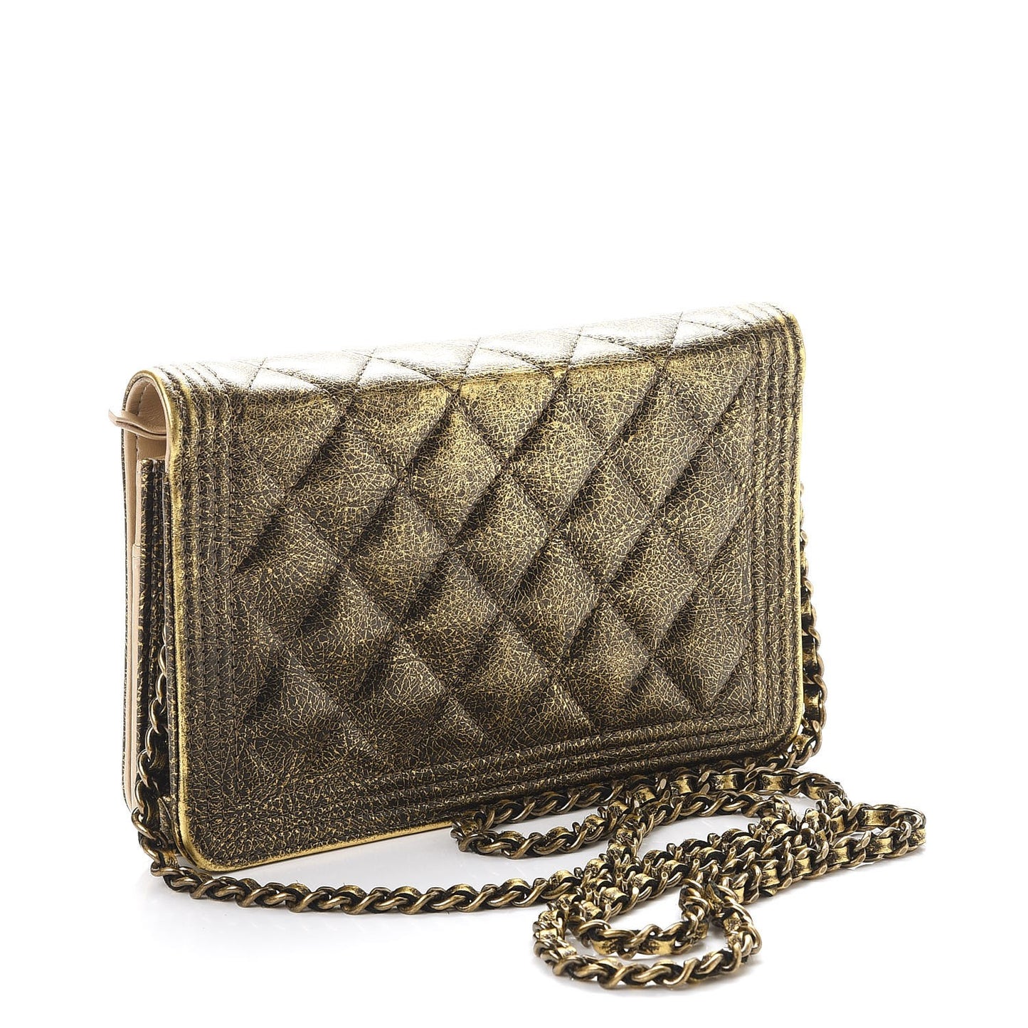 Metallic Calfskin Quilted Boy Wallet On Chain WOC Gold