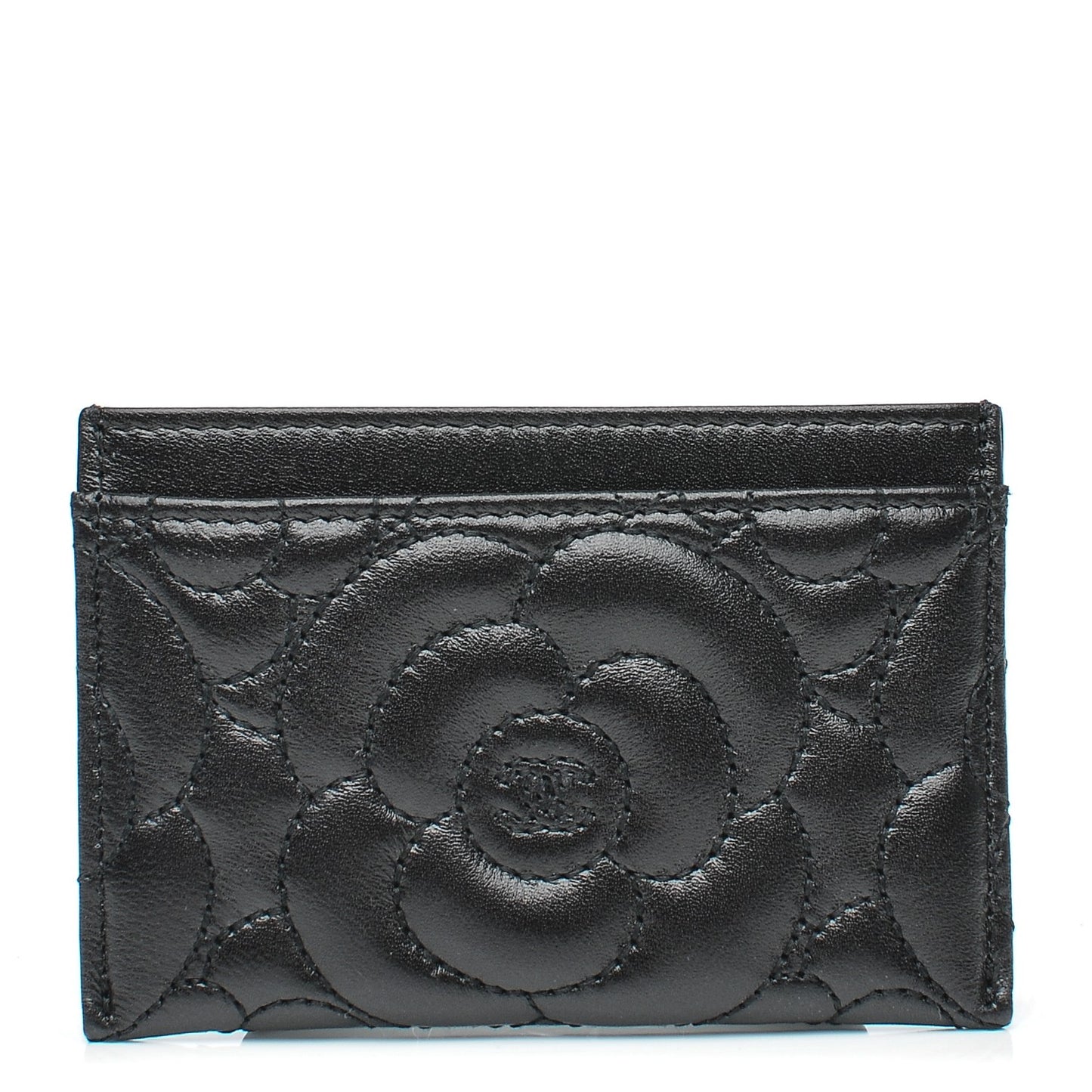Lambskin Camellia Stitched Card Holder Black
