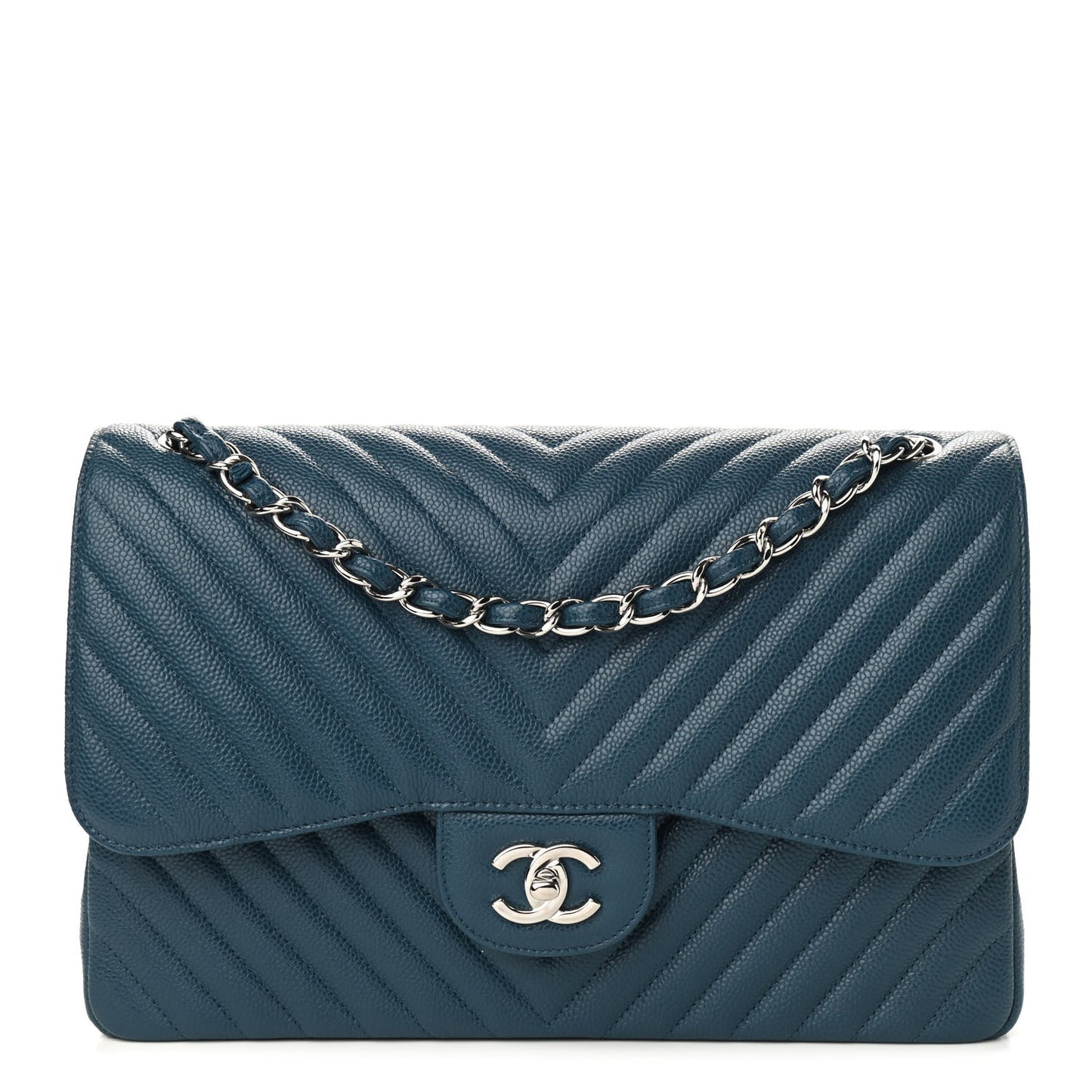 Caviar Chevron Quilted Jumbo Double Flap Blue