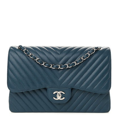 Chanel Caviar Chevron Quilted Jumbo Double Flap Blue 1 of 9