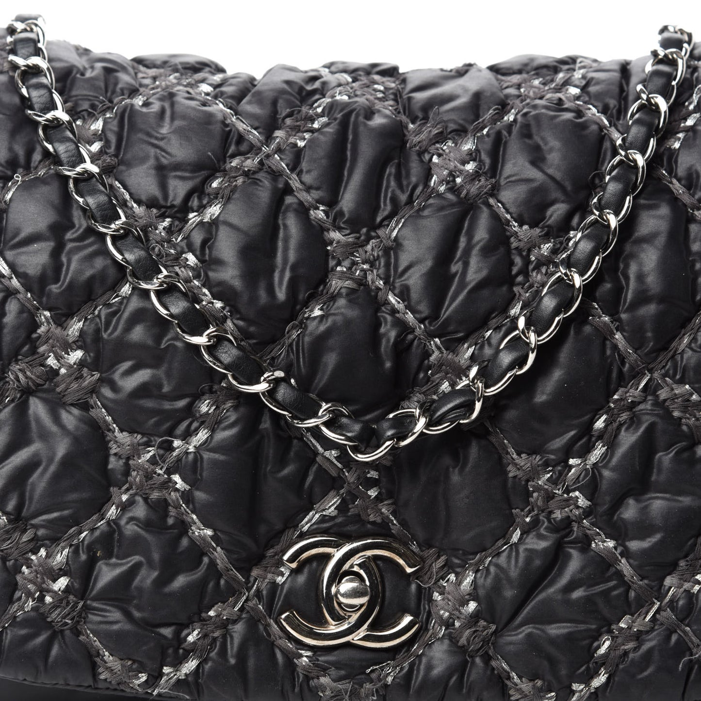 Nylon Quilted Tweed Stitch Bubble Flap Black