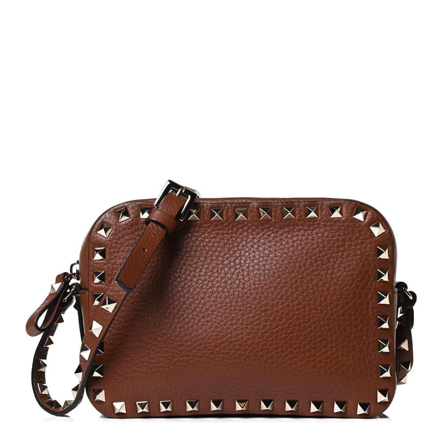Pebbled Calfskin Rockstud Camera Crossbody Bag Tan