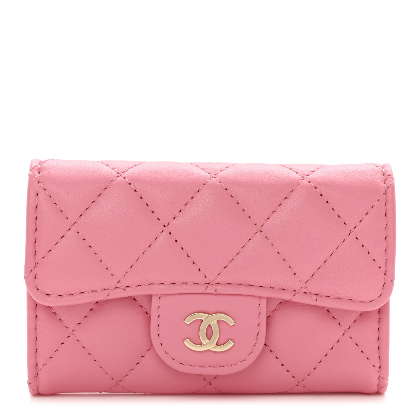 Lambskin Quilted Flap Card Holder Wallet Pink