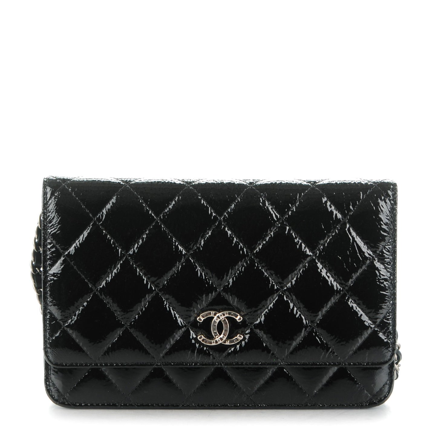 Distressed Patent Calfskin Quilted Wallet on Chain WOC Black