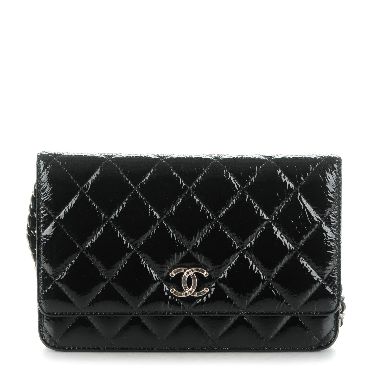 Chanel Distressed Patent Calfskin Quilted Wallet on Chain WOC Black 1 of 8