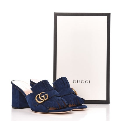Gucci Kid Scamosciato GG Marmont Fringe 75mm Slide Sandals 39 Blue Ink 12 of 12