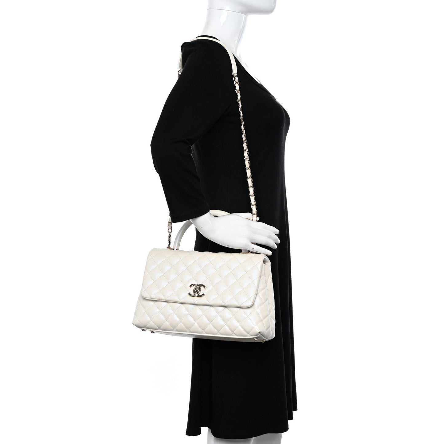 Iridescent Caviar Quilted Small Coco Handle Flap White