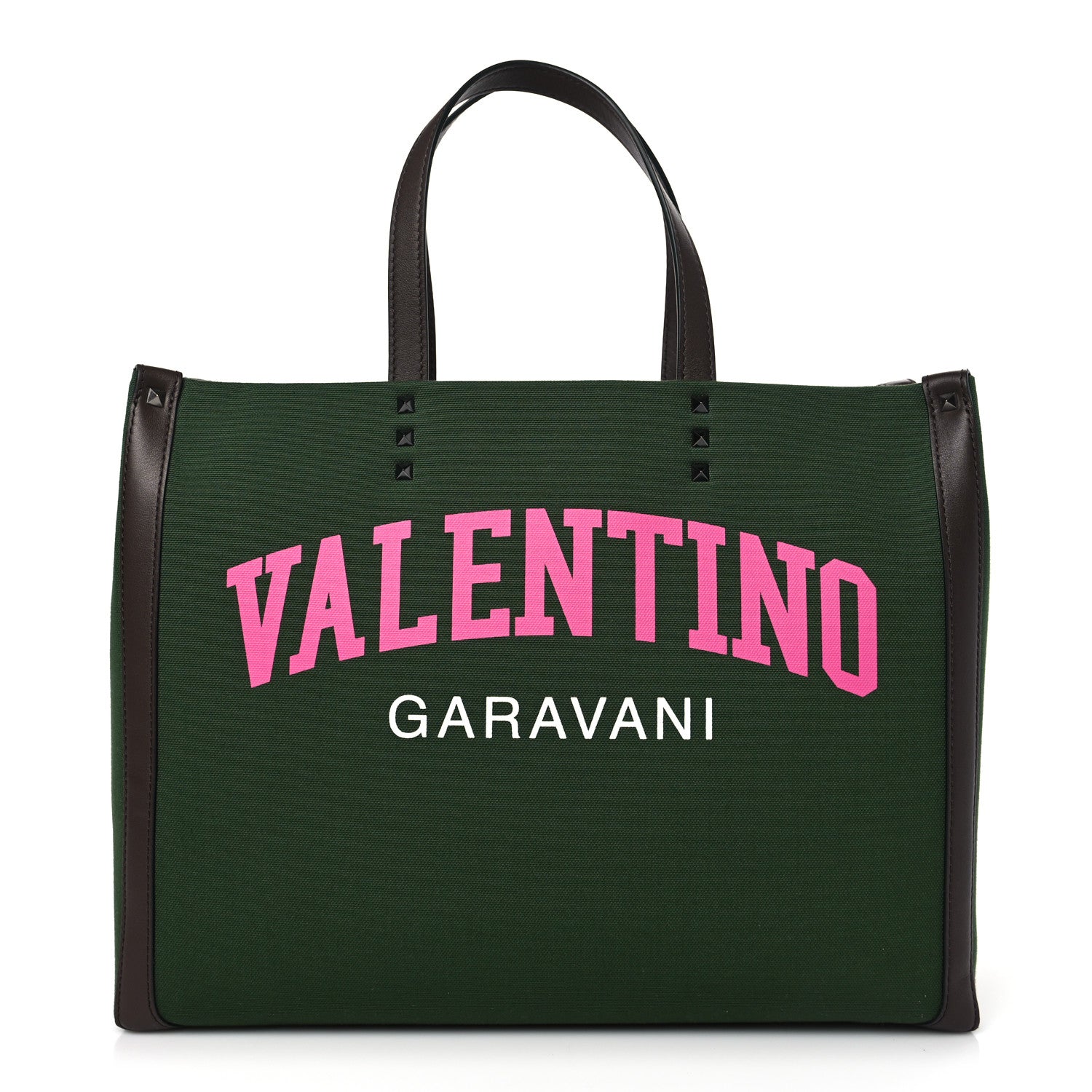 Valentino Garavani Canvas Calfskin University Logo Medium Rockstud Tote Green Forest Fondant Pink PP 1 of 7