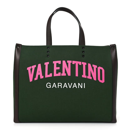 Valentino Garavani Canvas Calfskin University Logo Medium Rockstud Tote Green Forest Fondant Pink PP 1 of 7