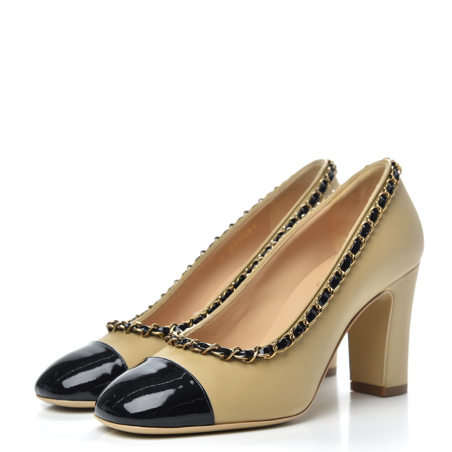 Calfskin Patent Calfskin Chain Cap Toe Pumps 36.5 Beige Black