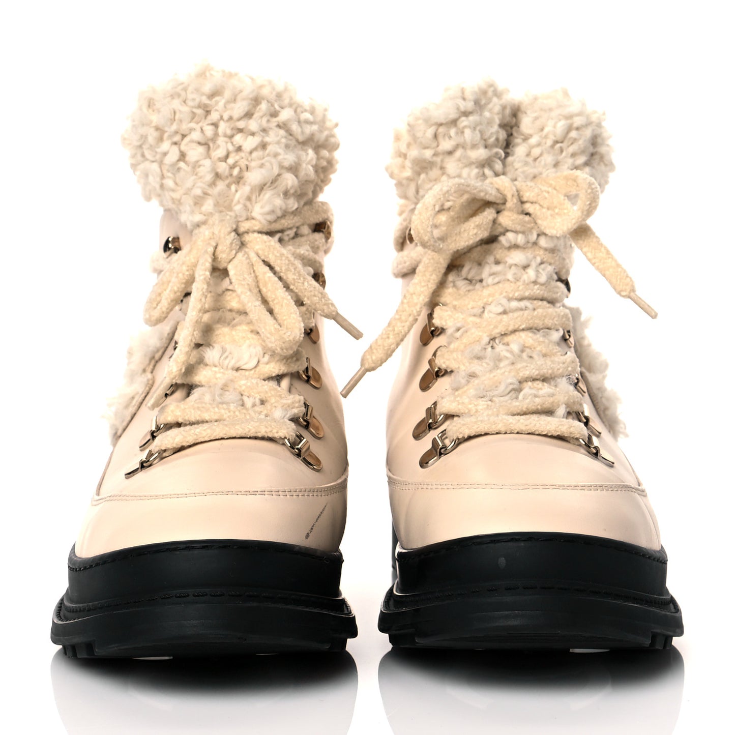 Calfskin Shearling CC Lace Up Boots 38 Light Beige Ivory