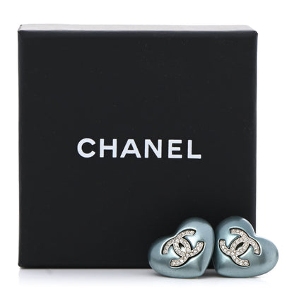 Chanel Pearl Crystal CC Heart Earrings Blue Gold 5 of 5