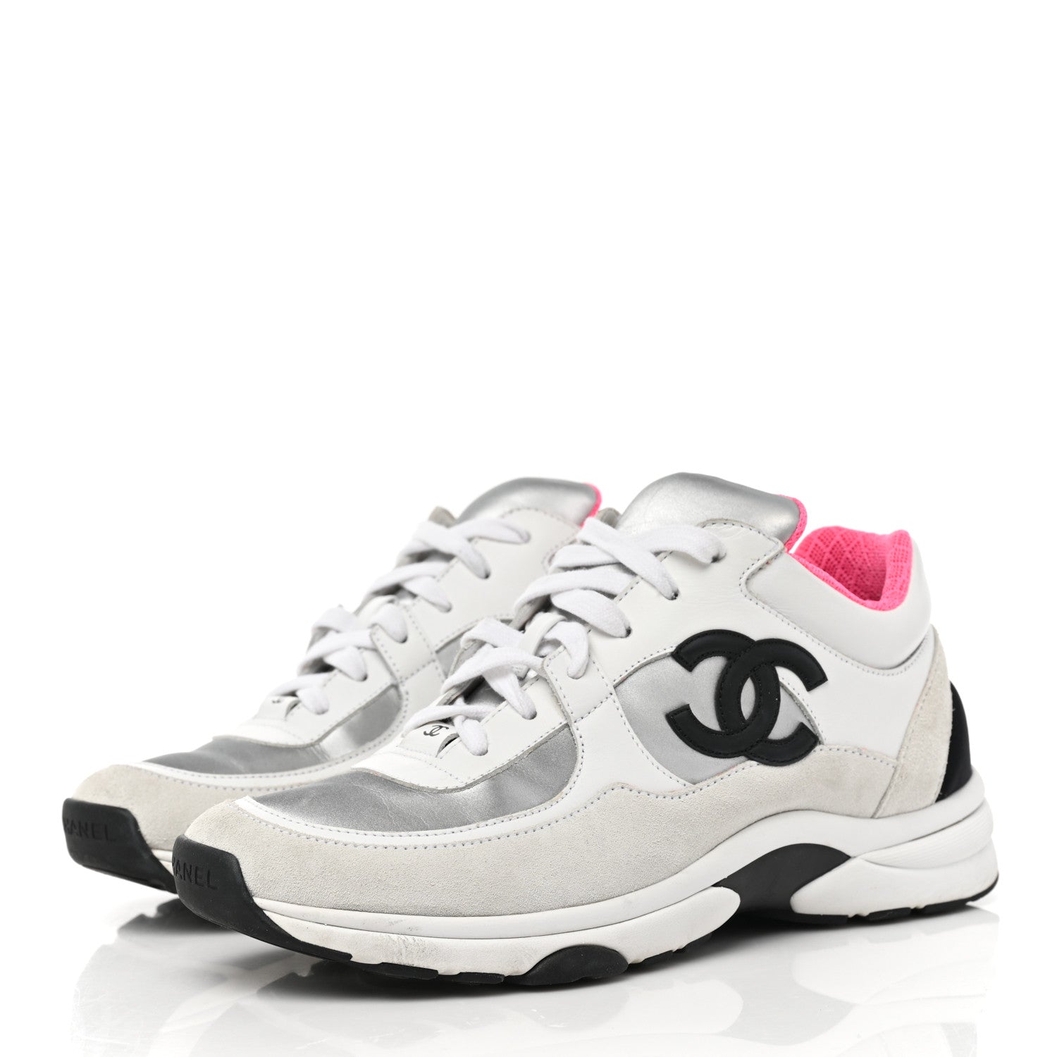 Chanel Calfskin Fabric Sneakers 37.5 White Silver Fluo Pink 3 of 8