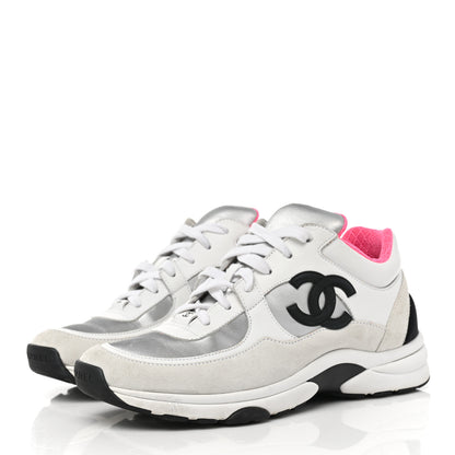 Chanel Calfskin Fabric Sneakers 37.5 White Silver Fluo Pink 3 of 8