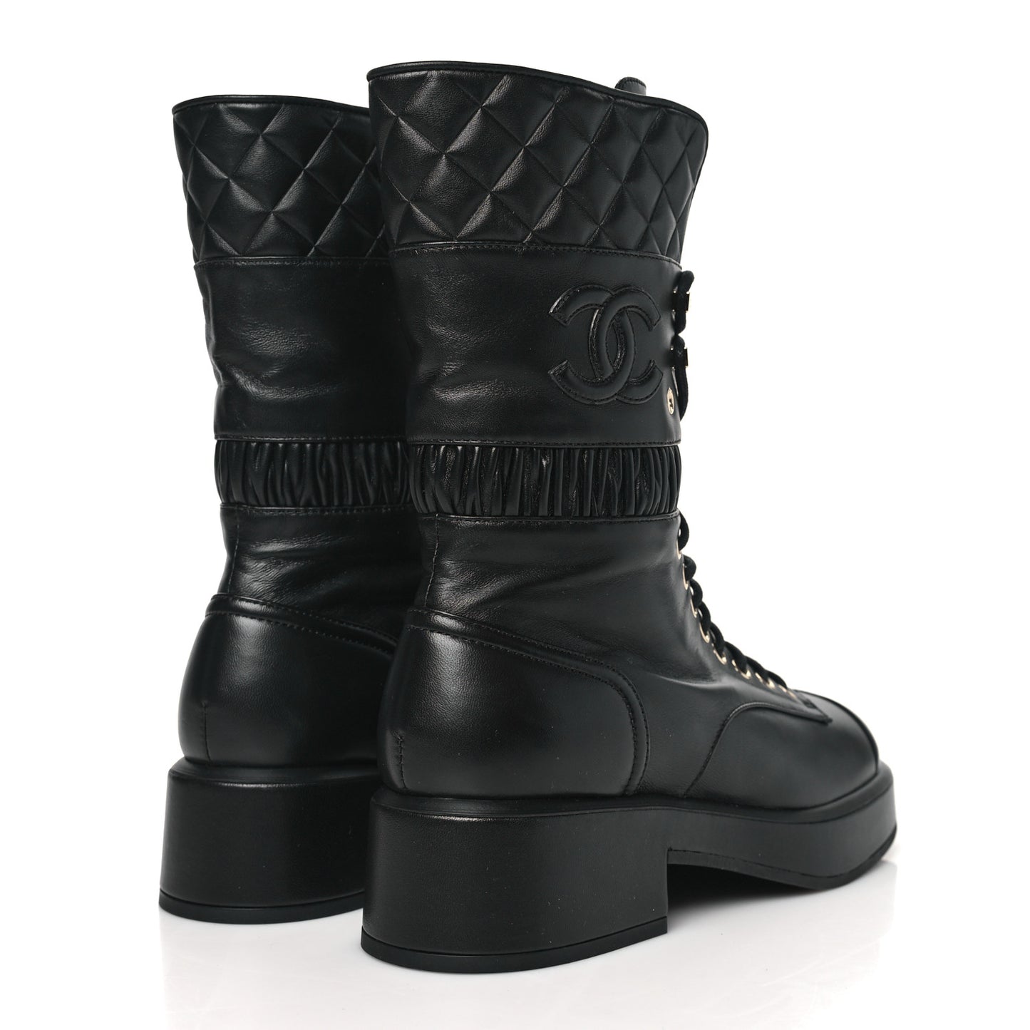 Lambskin Quilted CC Lace Up Combat Boots 38 Black