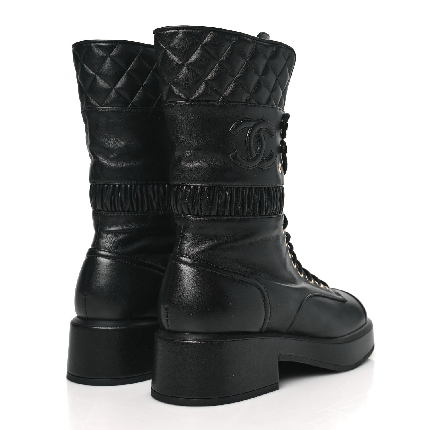 Chanel Lambskin Quilted CC Lace Up Combat Boots 38 Black 4 of 7