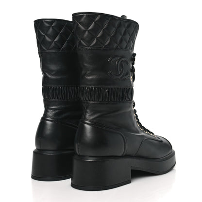 Chanel Lambskin Quilted CC Lace Up Combat Boots 38 Black 4 of 7