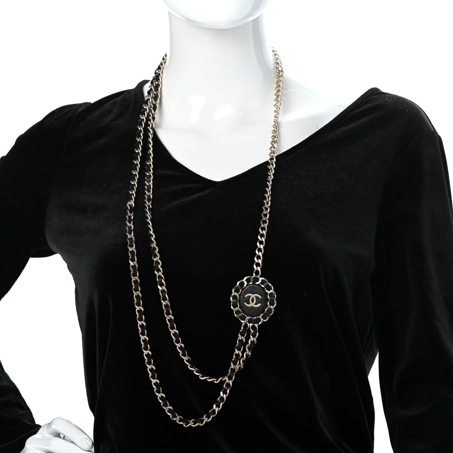 Lambskin CC Long Chain Necklace Black Gold