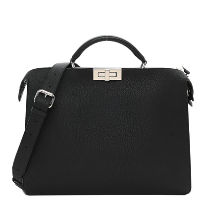 Fendi Cuoio Romano Vitello Cover Glazed Fabric Bi-Color FF 1974 Medium Peekaboo I SEE U Satchel Black Mimosa Tobacco Moro 1 of 7