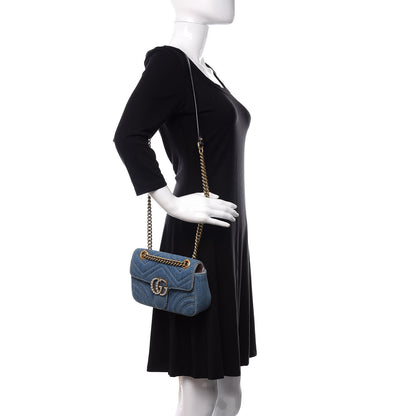 Gucci Denim Matelasse Mini Pearly GG Marmont Shoulder Bag Blue 2 of 13