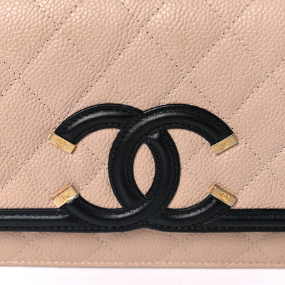 Chanel Caviar Quilted CC Filigree Wallet On Chain WOC Beige Black 12 of 13