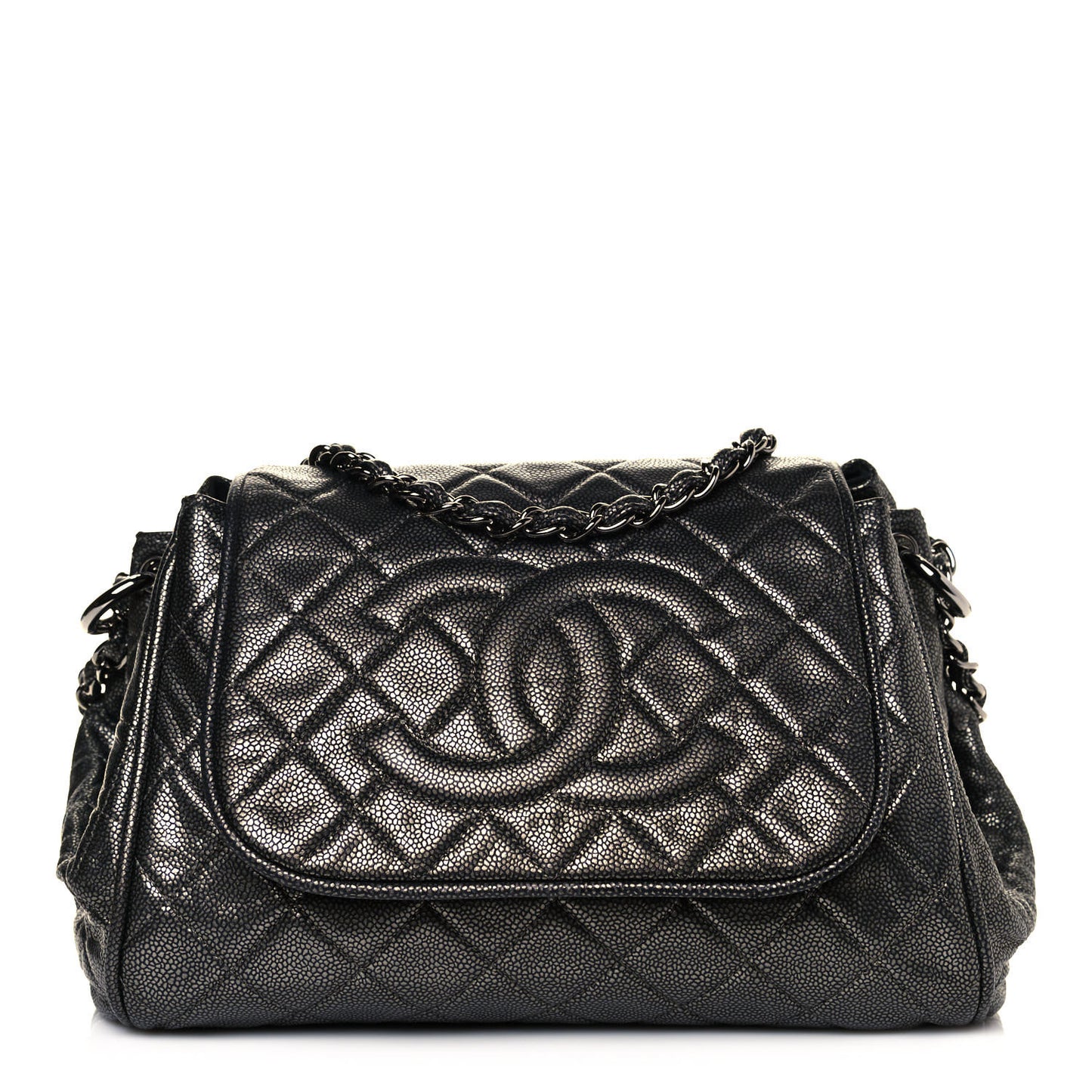 Metallic Caviar Quilted Timeless Accordion Flap Dark Silver