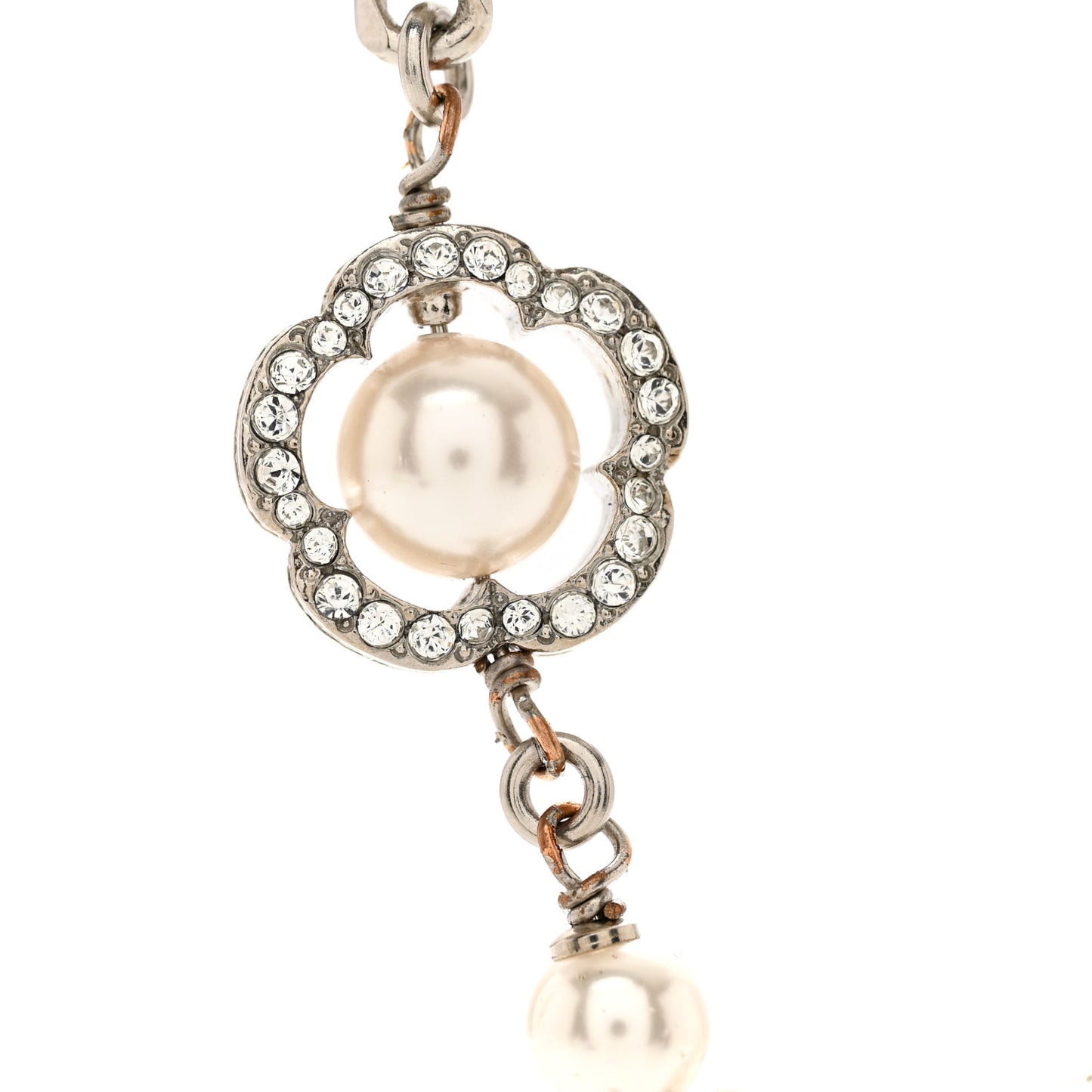 Crystal Pearl Camellia CC Coco Flapper Bracelet Silver